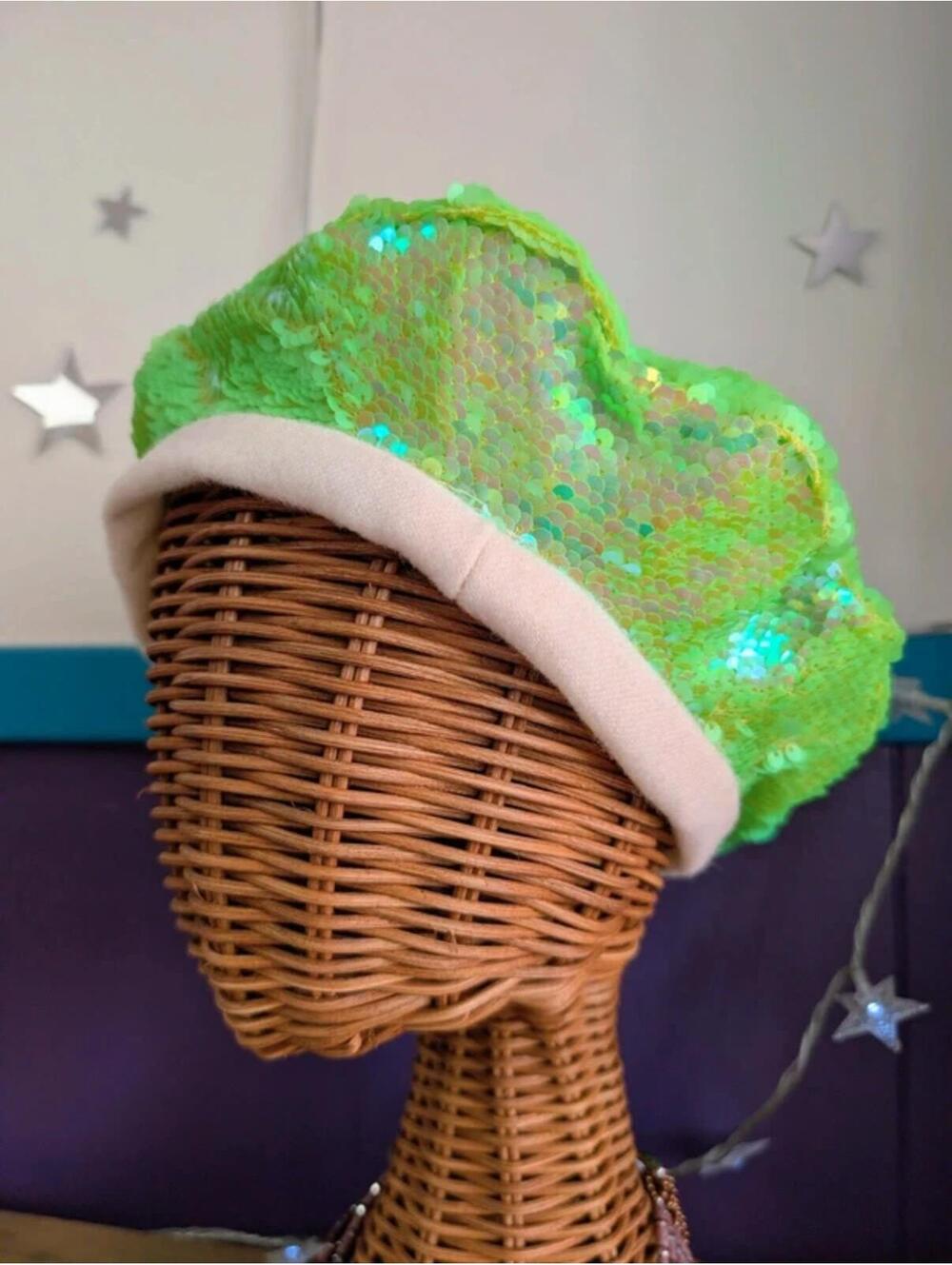 Neon Green Flip Sequin Beret Lined in Wool